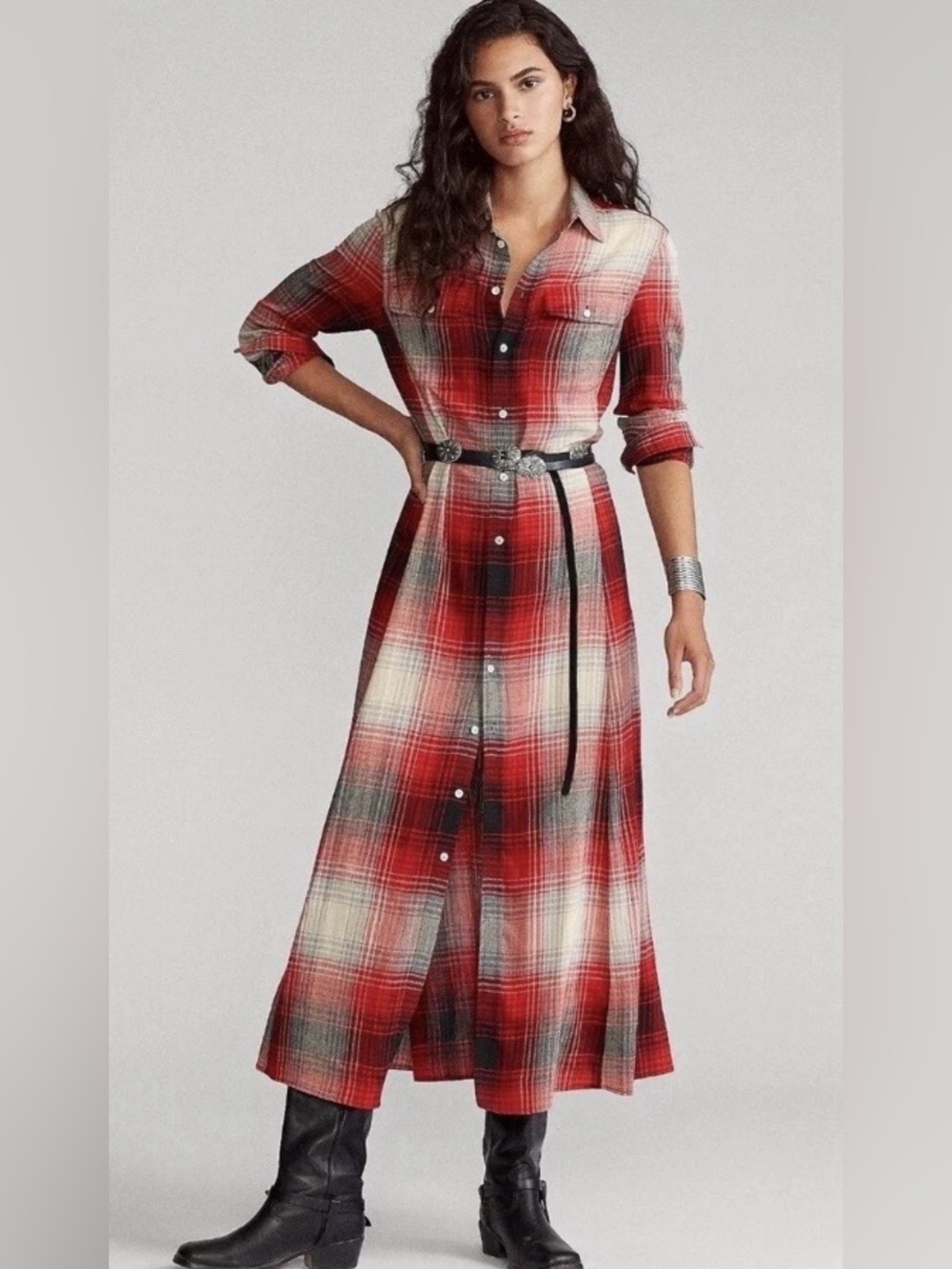 Plaid Red Button-Front Maxi flannel Shirt Dress size 8